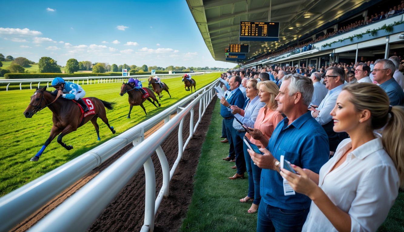 Beberapa kuda pacu sedang berlari di lintasan balap dengan penonton dan petaruh yang antusias mengamati perlombaan.