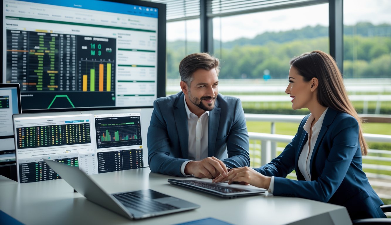 Seorang pria dan wanita sedang melihat layar komputer dengan data taruhan kuda di kantor modern.