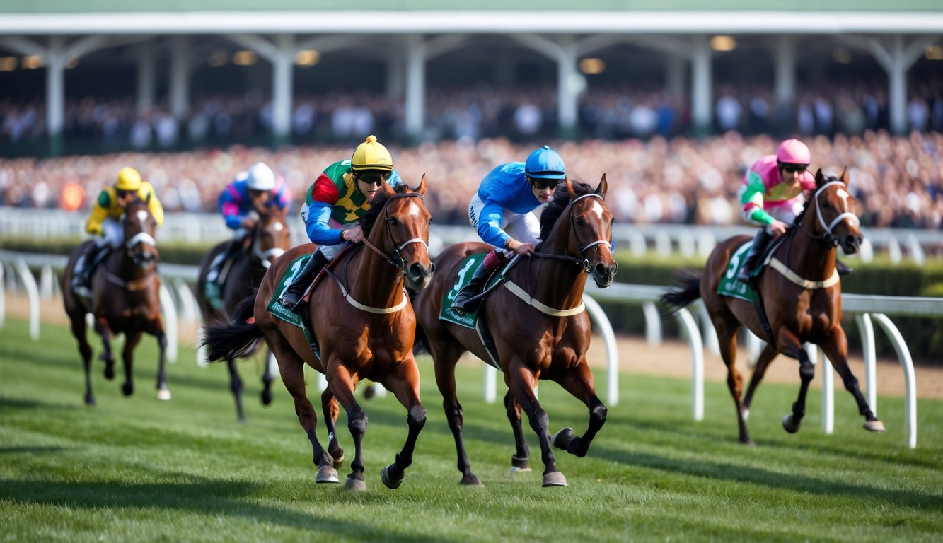 Beberapa kuda pacuan dengan joki berwarna-warni sedang berlari kencang di lintasan balap dengan penonton di latar belakang.