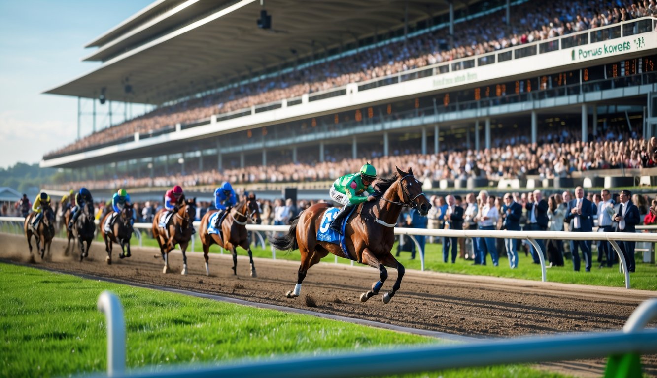 Orang-orang menonton balap kuda secara langsung di arena dengan seorang joki yang sedang mengendarai kuda balap di lintasan.