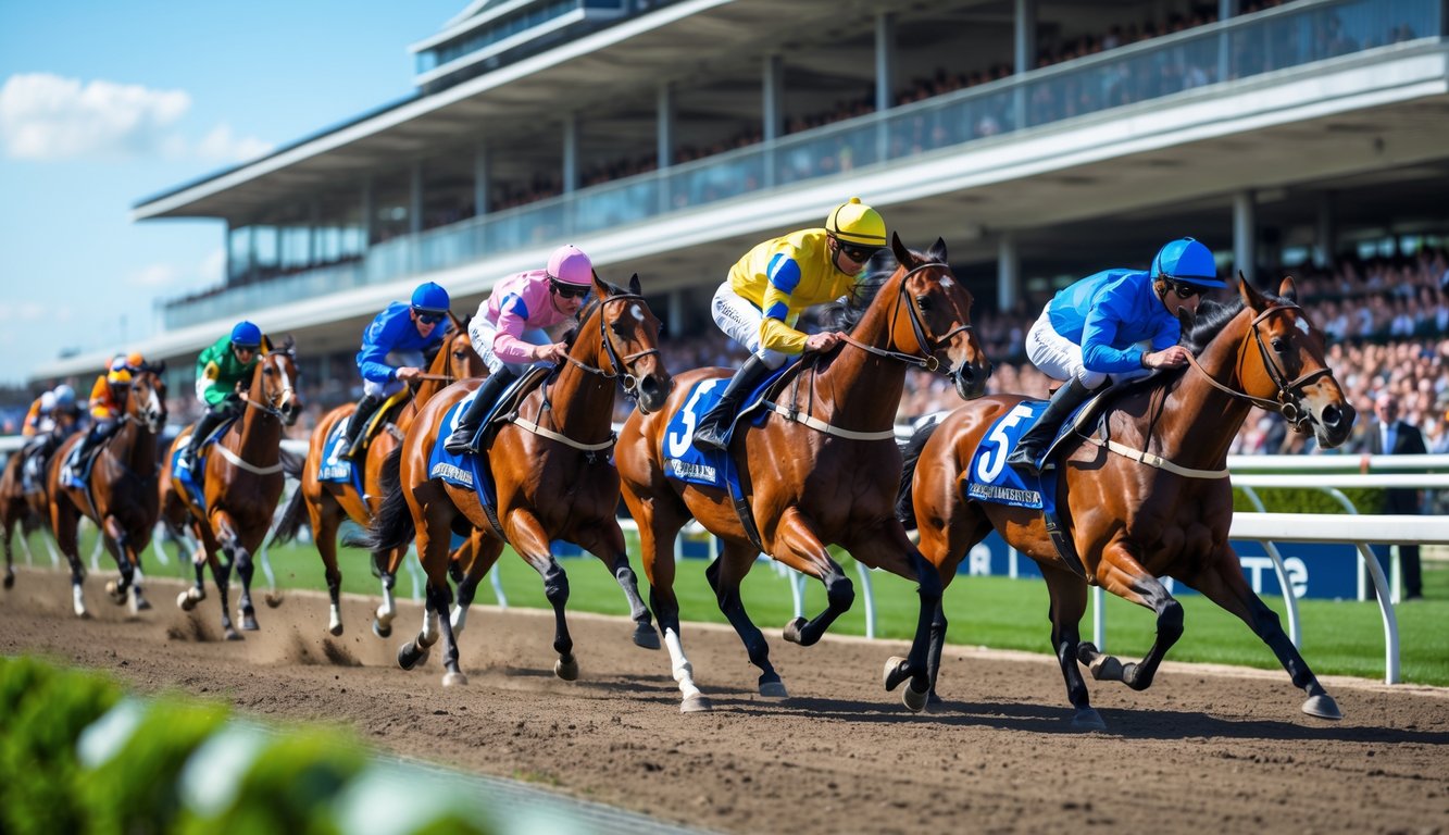 Lomba pacuan kuda dengan beberapa kuda dan joki berlari di lintasan dengan penonton di tribun di latar belakang.