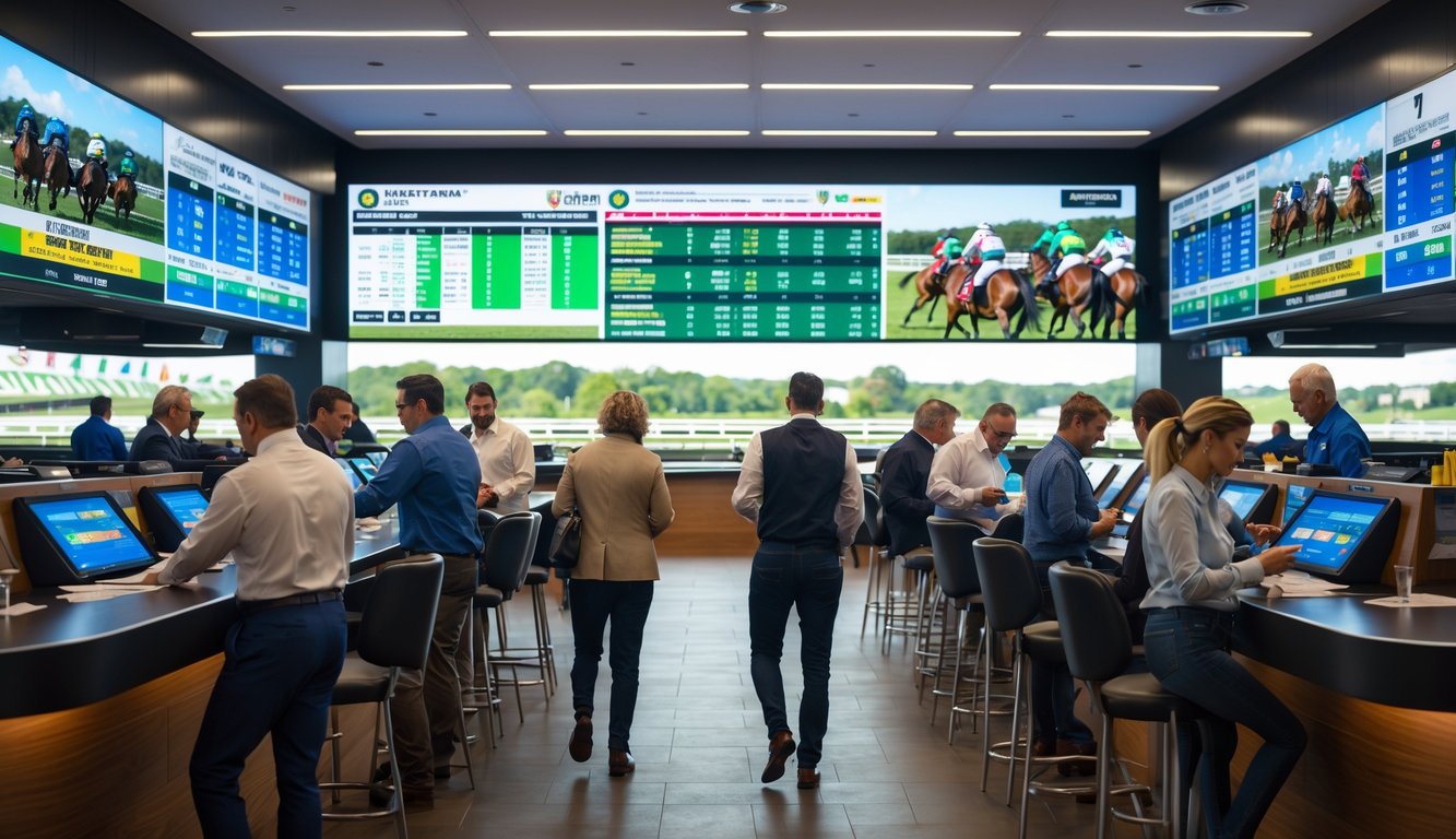 Orang-orang sedang memasang taruhan dan menonton balap kuda di dalam fasilitas taruhan yang modern dan ramai.