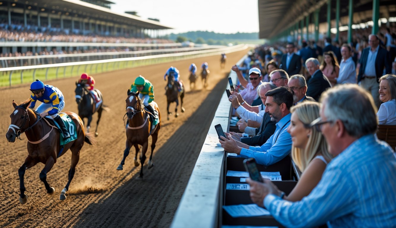 Suasana balapan kuda dengan penonton yang sedang memasang taruhan secara langsung menggunakan perangkat mereka.