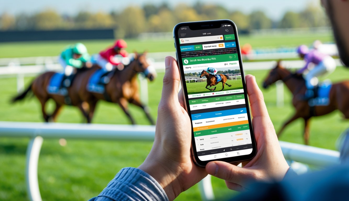 Seseorang memegang ponsel yang menampilkan aplikasi taruhan kuda dengan latar belakang balapan kuda yang sedang berlangsung.