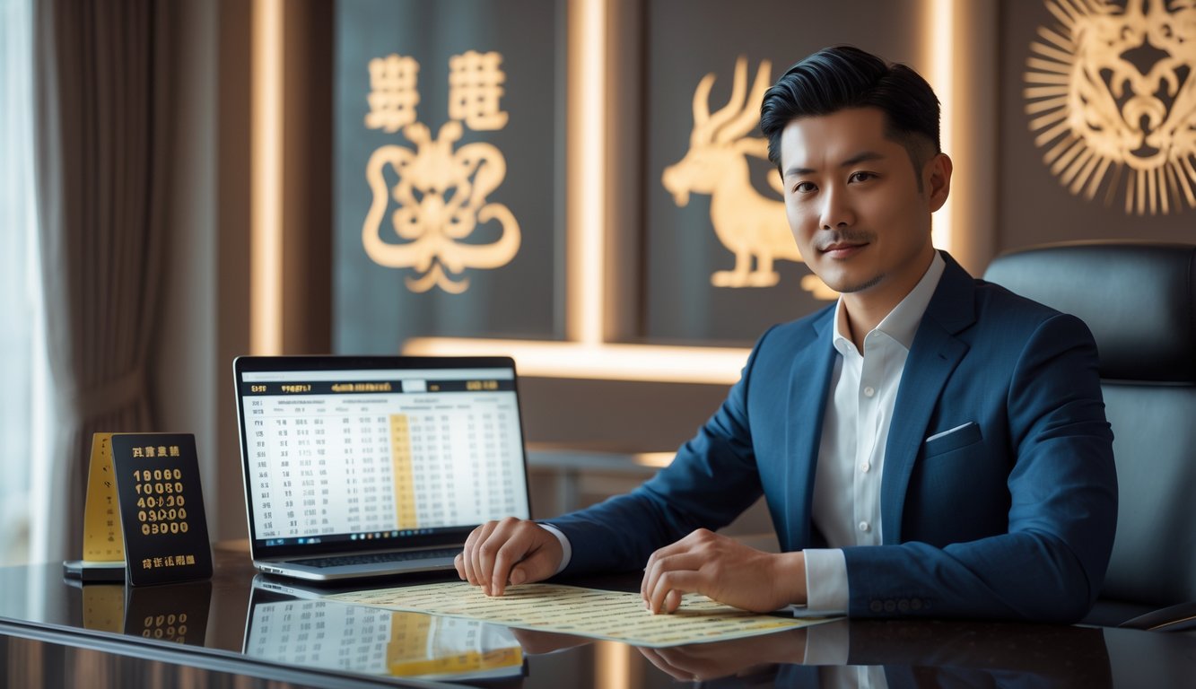 Seorang pria Asia duduk di meja dengan tiket lotre dan laptop, di latar belakang terdapat simbol hewan shio yang elegan.