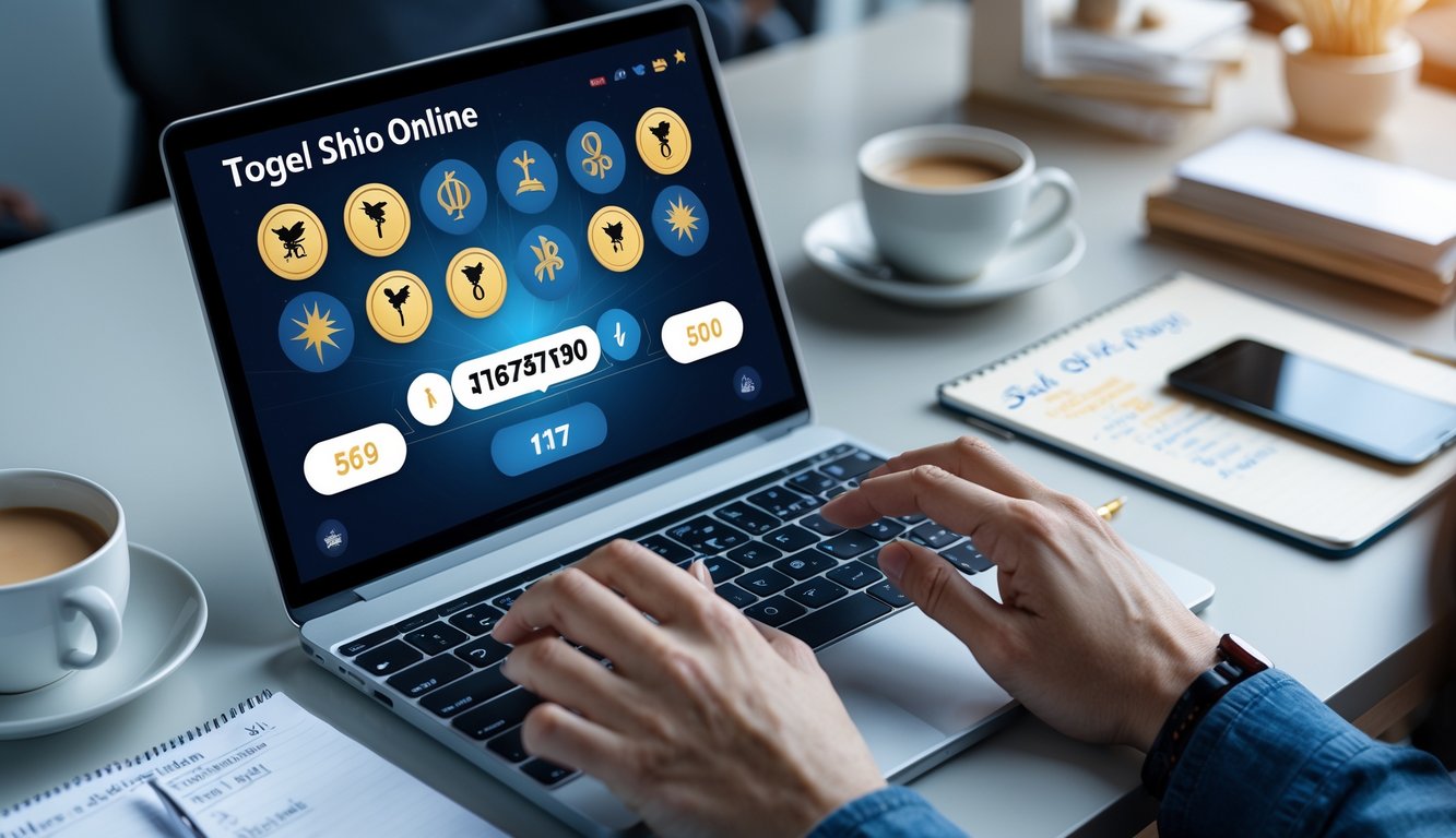 Seseorang menggunakan laptop di meja kerja dengan tampilan simbol shio dan angka togel di layar.