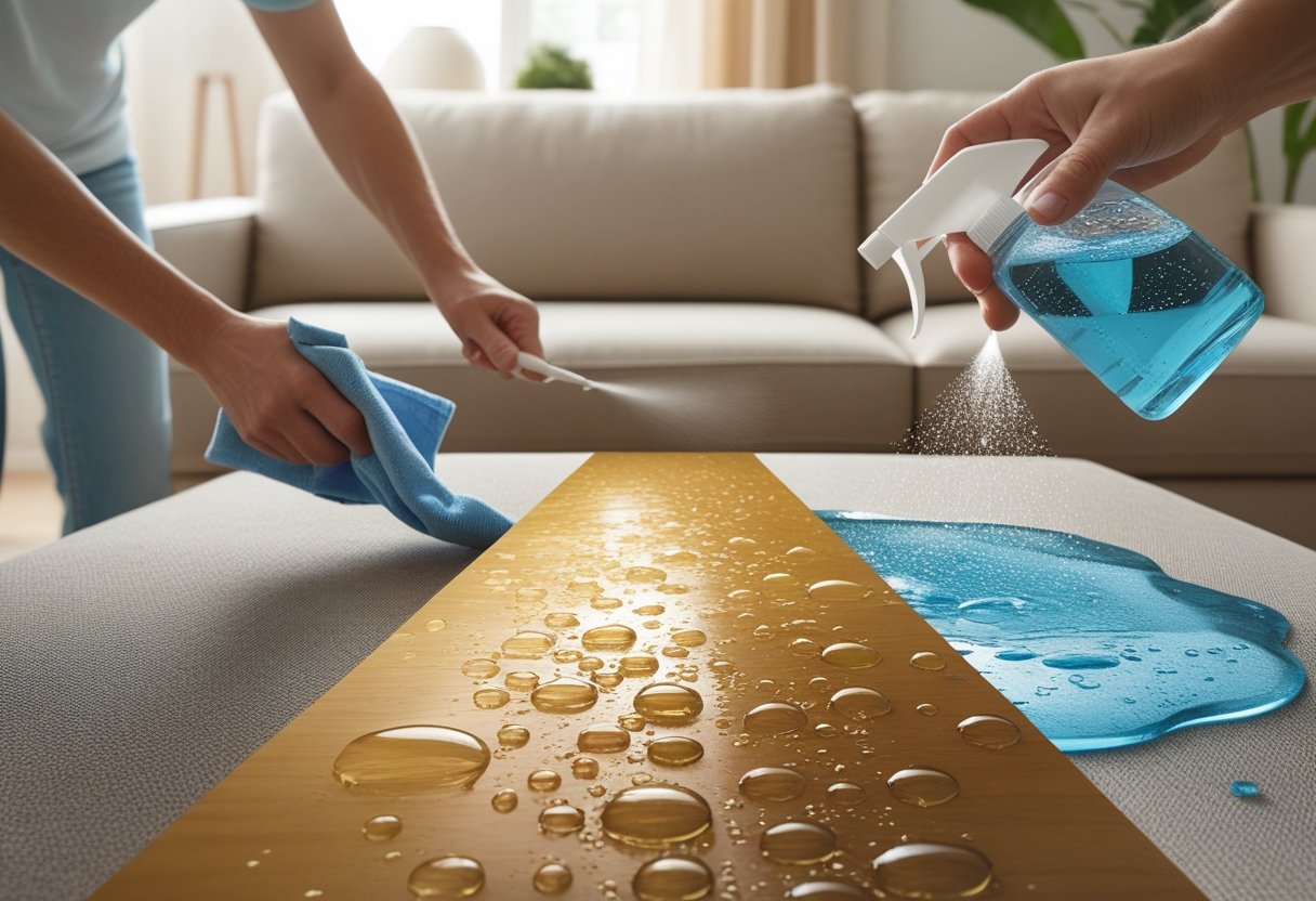 Ilustração mostrando o processo de impermeabilização de um sofá em três etapas: limpeza, aplicação do produto impermeabilizante e efeito repelente da água no tecido.