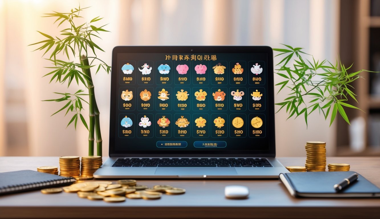 Meja kerja dengan laptop yang menampilkan ikon hewan shio warna-warni, dikelilingi koin emas dan tanaman bambu kecil.