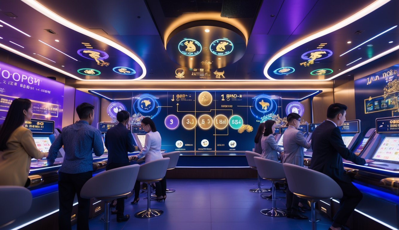 Orang-orang dewasa di ruang permainan modern menggunakan terminal lotere digital dengan simbol hewan shio dan elemen holografik di sekitar mereka.