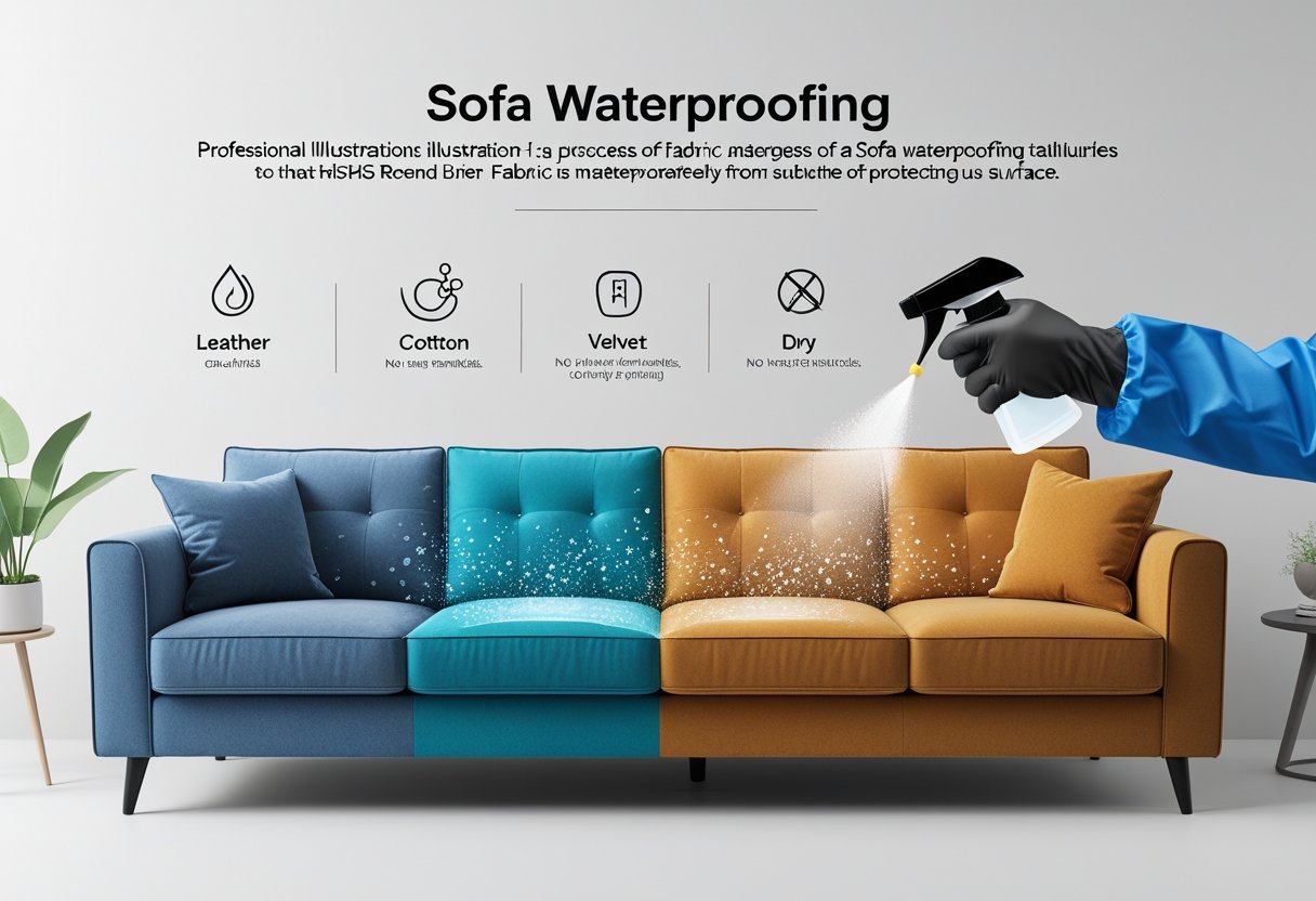 Sofá dividido em diferentes tecidos sendo impermeabilizado com spray, mostrando gotas de água repelidas em cada tipo de tecido.
