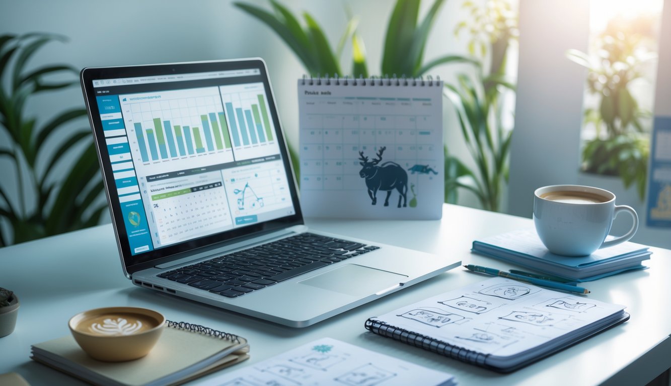 Meja kerja modern dengan laptop menampilkan grafik, buku catatan dengan sketsa hewan shio, dan secangkir kopi.