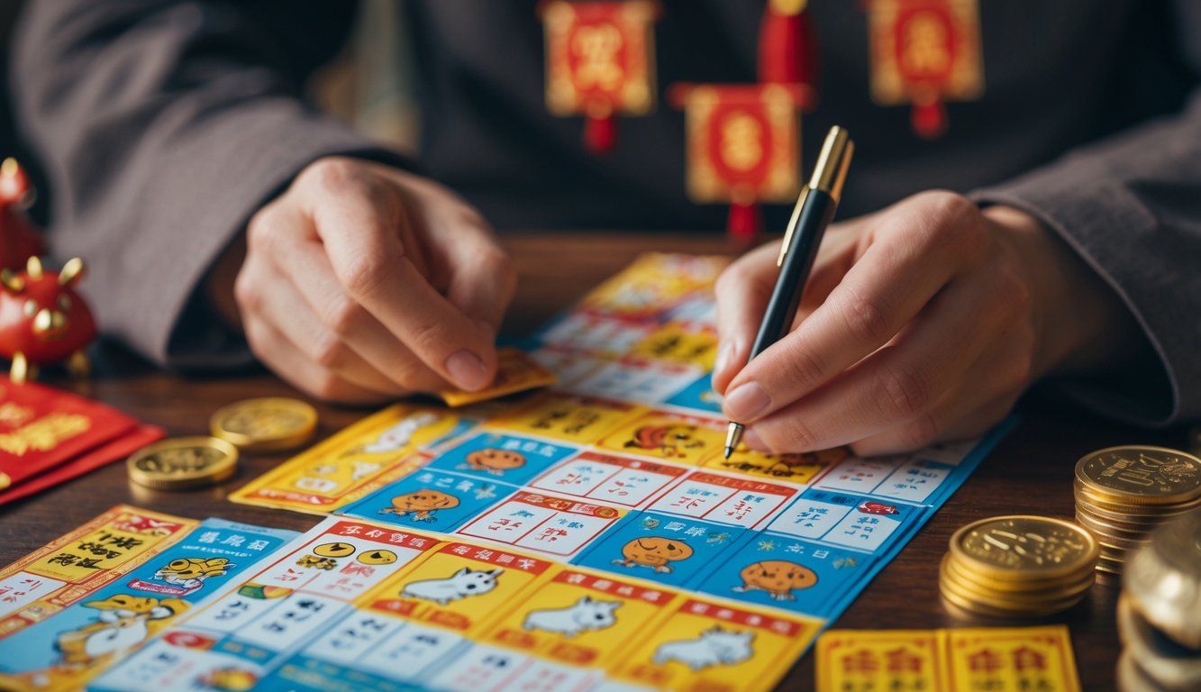 Tangan seseorang memilih nomor pada tiket togel dengan simbol hewan shio di atas meja kayu yang dihiasi dengan amplop merah dan koin emas.