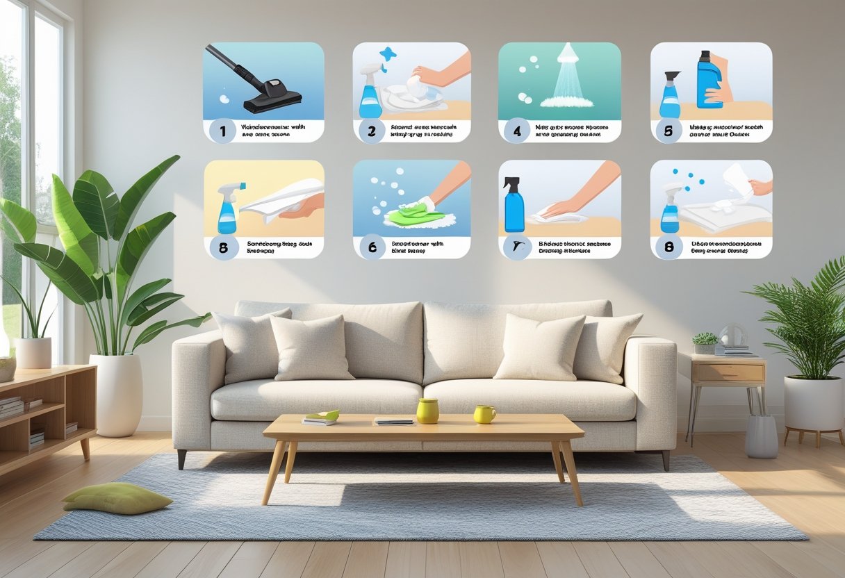 Ilustração mostrando diferentes maneiras de limpar um sofá em uma sala de estar organizada, com cenas de pessoas usando aspirador, pano, escova, vaporizador e outros métodos de limpeza.