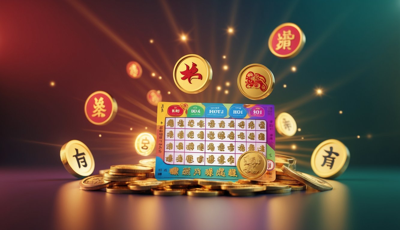 Sebuah tiket lotere dengan simbol hewan shio dan koin emas yang bersinar di atas meja modern.
