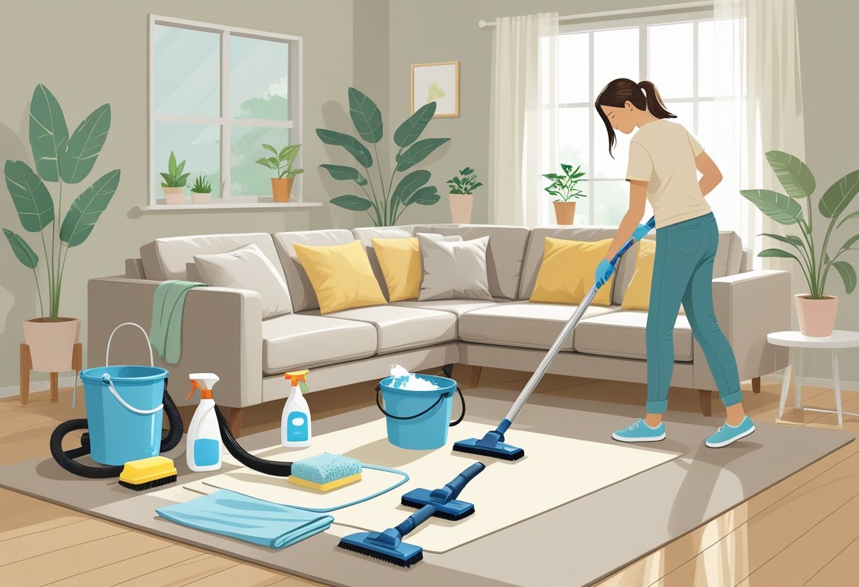 Pessoa limpando um sofá em uma sala de estar organizada, com ferramentas de limpeza ao redor, como aspirador, pano e balde.