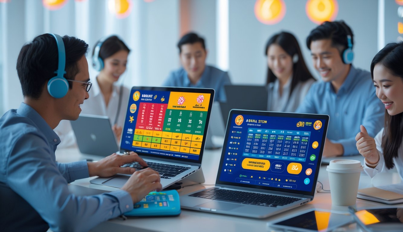 Orang-orang menggunakan perangkat digital untuk bermain togel shio secara langsung di ruang kerja modern.