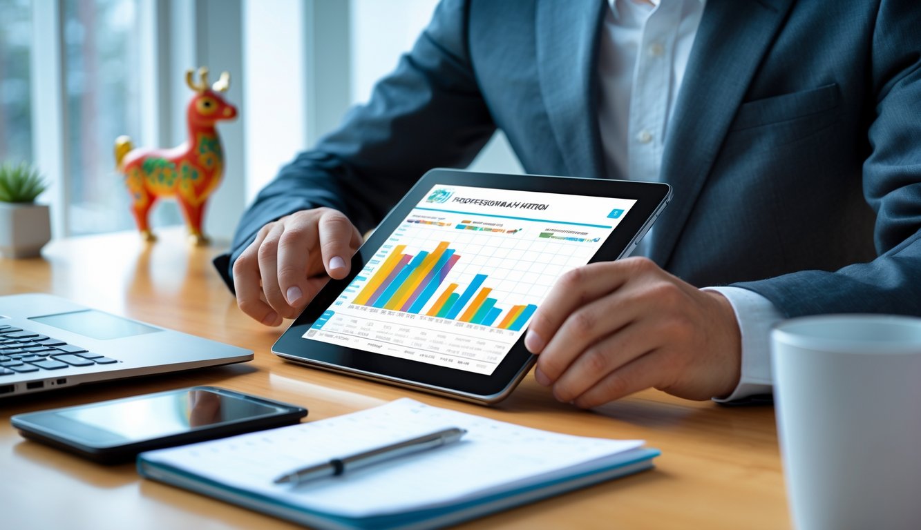 Tangan seseorang sedang menganalisis data dan grafik pada tablet di atas meja kerja dengan laptop dan kalkulator.