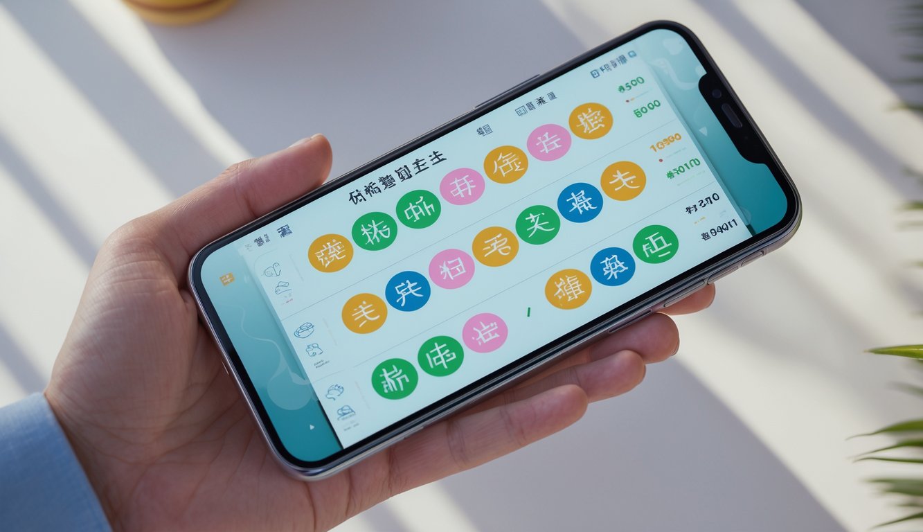 Sebuah ponsel modern menampilkan antarmuka aplikasi togel shio dengan simbol hewan shio berwarna-warni di layar.