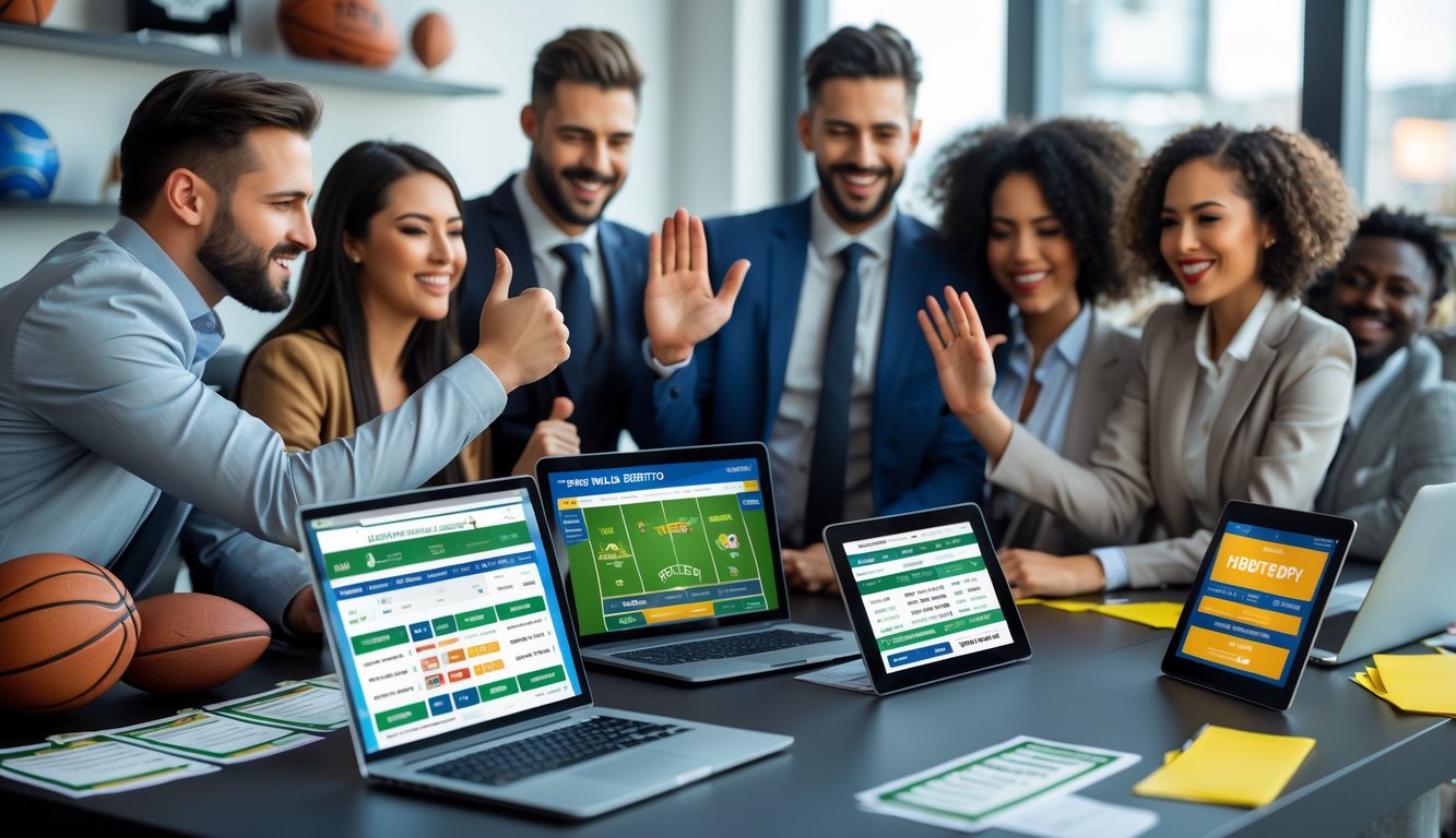 Sekelompok orang berkumpul di sekitar meja dengan perangkat digital, menunjukkan ekspresi kegembiraan dan fokus saat menggunakan aplikasi taruhan olahraga.