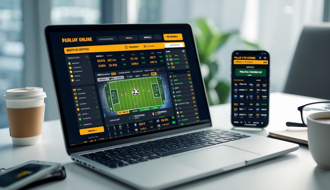Seorang pengguna duduk di depan laptop dan perangkat digital lain yang menampilkan situs taruhan olahraga online dengan berbagai pilihan taruhan.