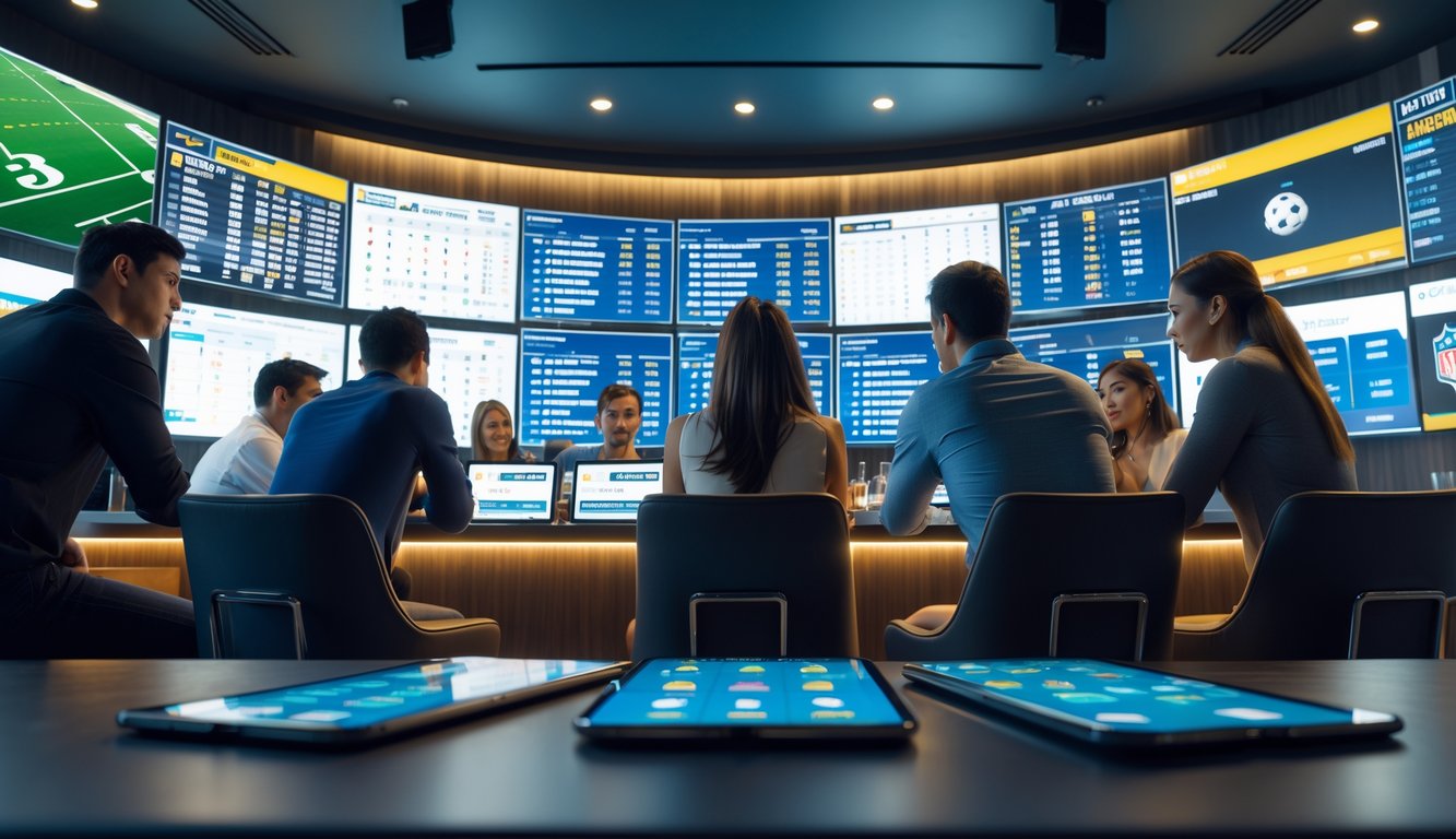 Sekelompok orang sedang melihat layar digital besar menampilkan skor dan peluang olahraga di sebuah ruang taruhan olahraga modern.