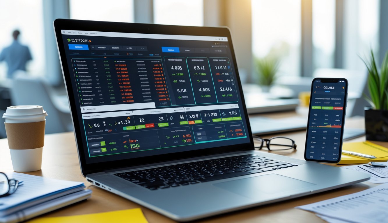 Meja kerja modern dengan laptop yang menampilkan data taruhan olahraga, catatan rapi, dan ponsel yang menunjukkan skor pertandingan langsung.