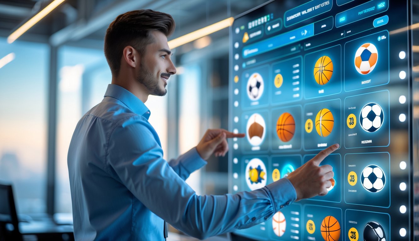 Seorang pria muda sedang menggunakan layar sentuh digital untuk memilih taruhan olahraga di lingkungan kantor modern.