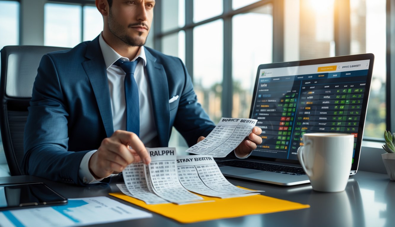 Seorang pria bisnis sedang duduk di meja kantor modern sambil menganalisis slip taruhan olahraga dan grafik digital pada laptop dan tablet.