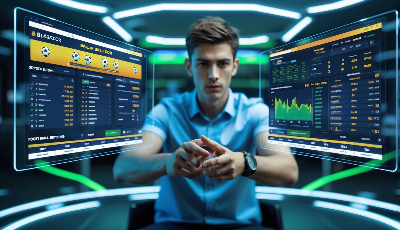 Seorang pria muda sedang menganalisis data taruhan sepak bola di layar digital dalam ruangan kantor modern.