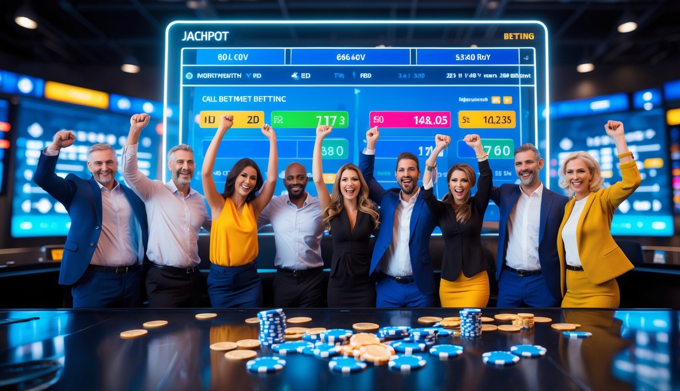 Sekelompok orang merayakan kemenangan taruhan parlay dengan antusias di depan layar sentuh taruhan modern.