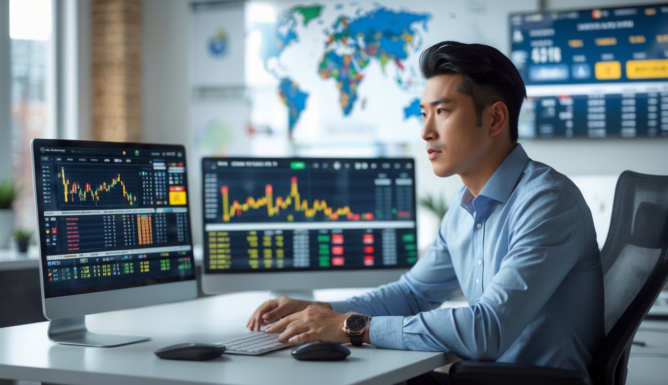 Seorang pria muda duduk di meja dengan beberapa layar komputer yang menampilkan statistik dan peluang taruhan olahraga.