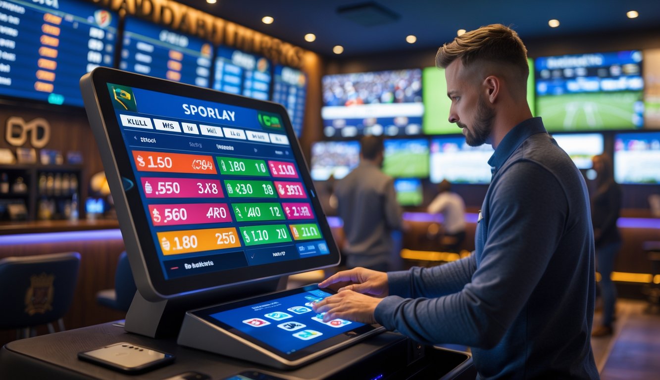 Seseorang sedang menggunakan terminal taruhan olahraga di lingkungan sportsbook yang modern dengan layar besar menampilkan berbagai pilihan taruhan.