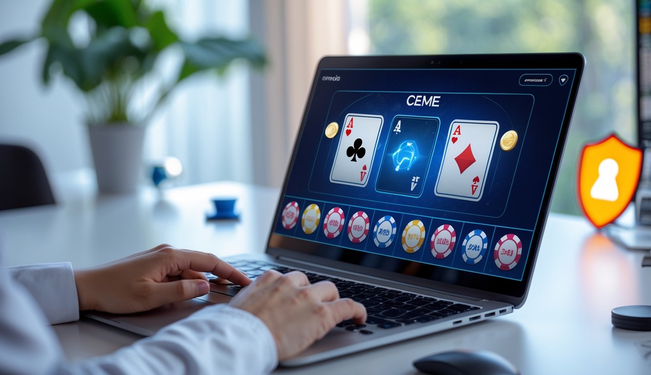 Seorang pengguna sedang bermain permainan Ceme online di laptop di meja kerja yang rapi dengan suasana terang dan nyaman.