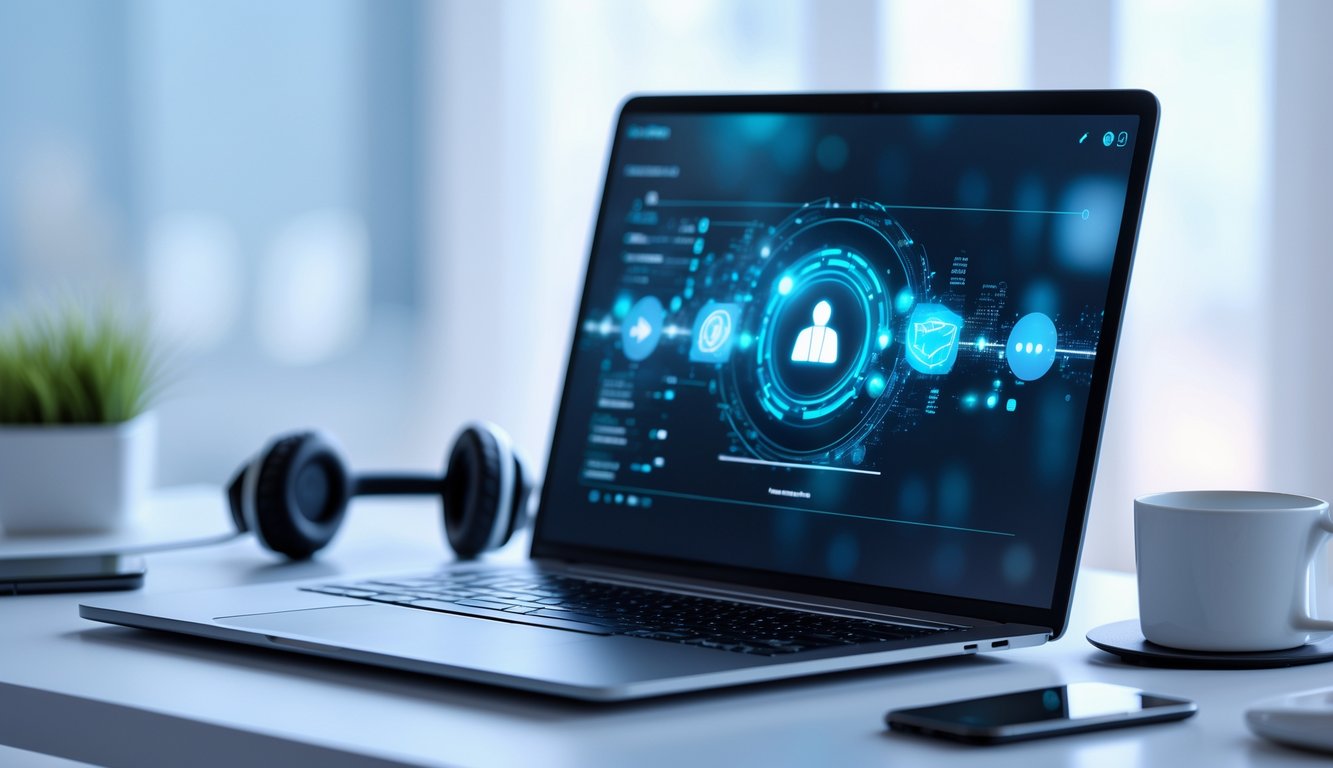 Sebuah ruang kerja modern dengan laptop terbuka menampilkan antarmuka digital futuristik di atas meja bersih.