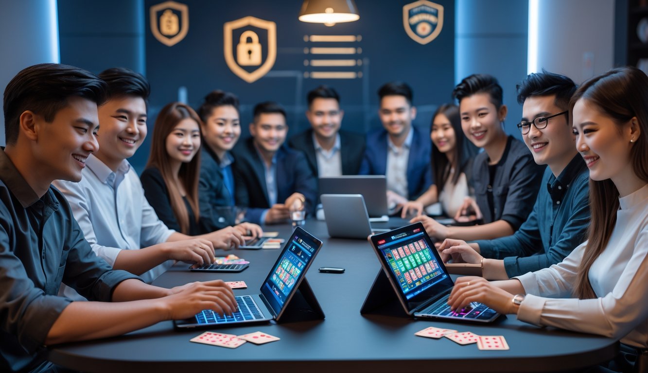 Beberapa orang muda sedang bermain taruhan kartu online bersama di sebuah ruangan yang nyaman dan modern.