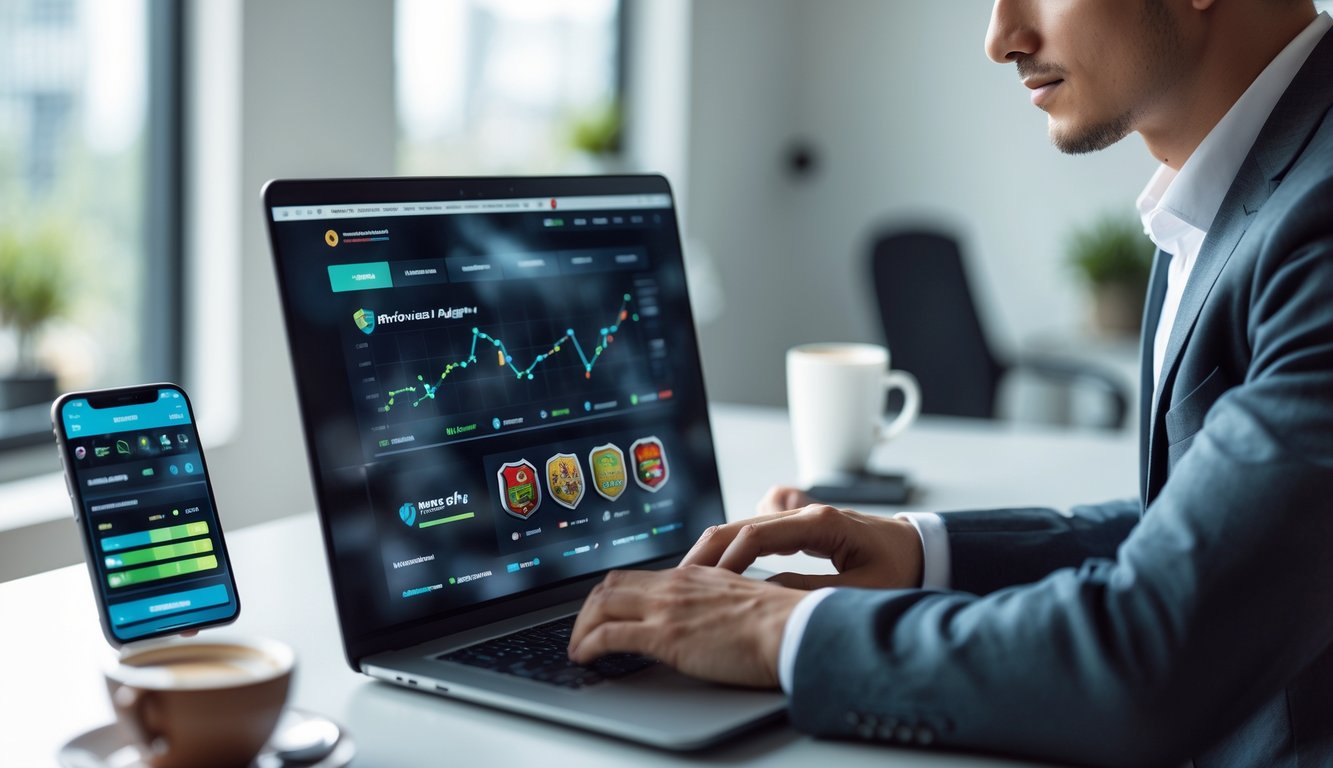 Seorang dewasa muda sedang bekerja dengan laptop di meja kerja modern, menampilkan suasana kantor yang bersih dan profesional.