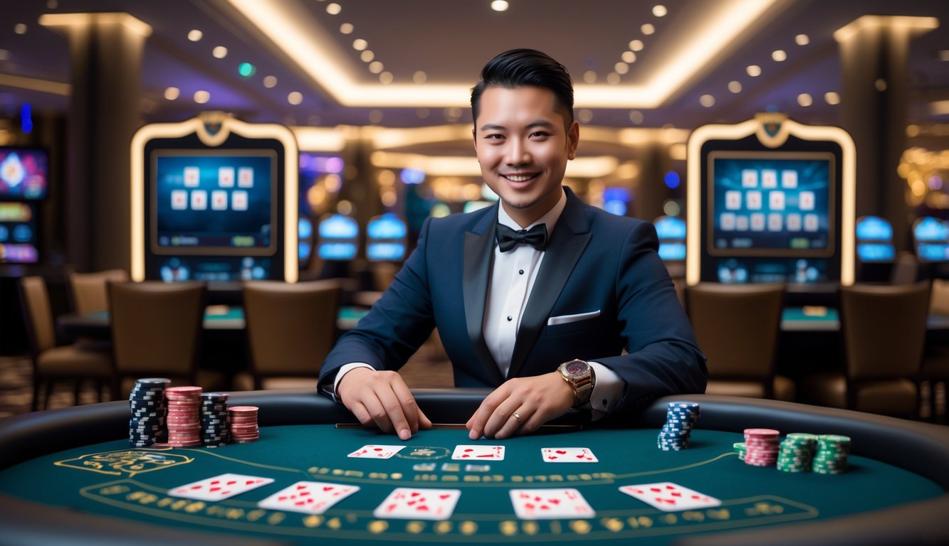 Seorang dealer live yang percaya diri sedang mengelola permainan kartu Ceme di meja kasino yang rapi dan terang.