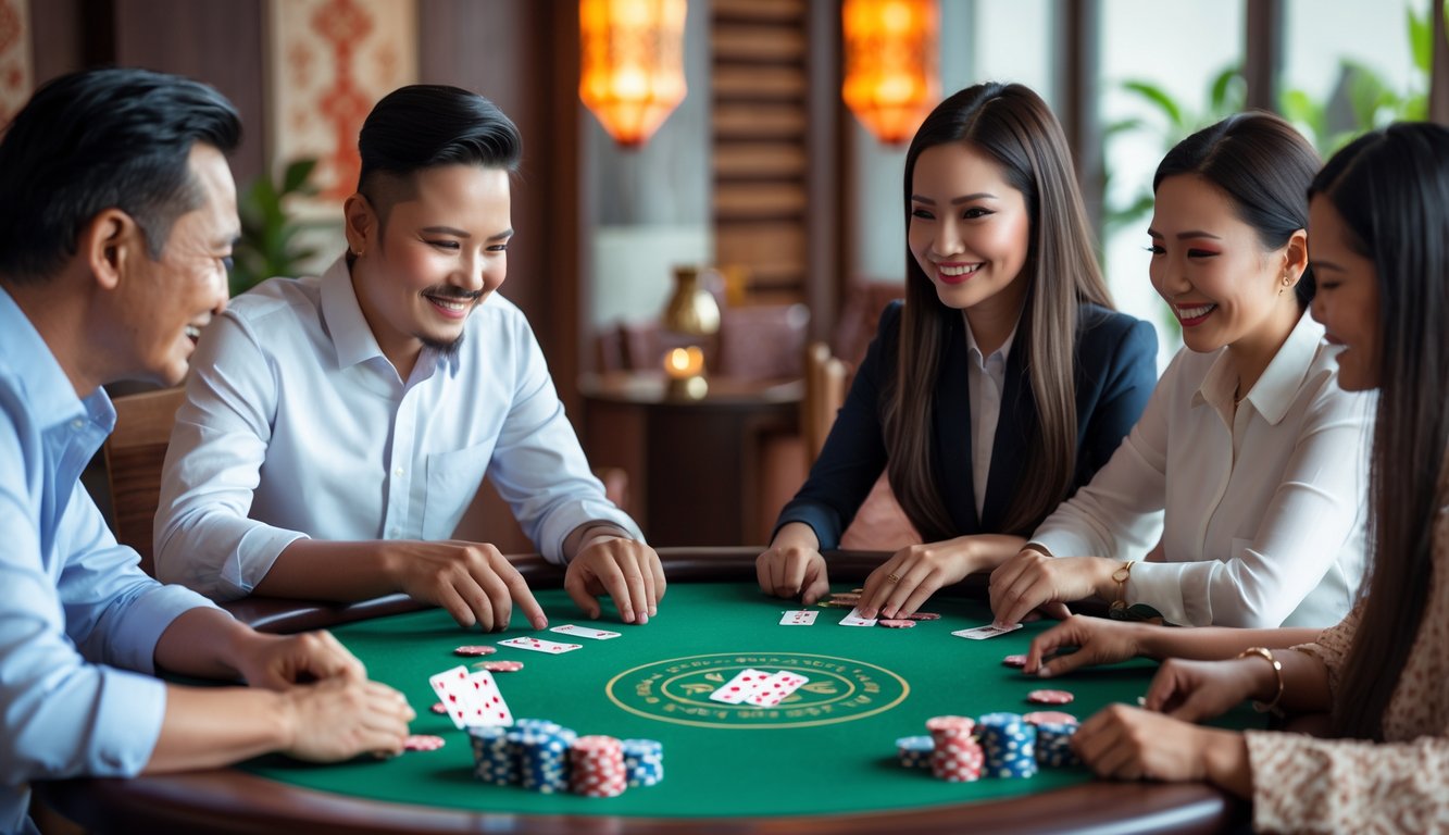 Sekelompok orang bermain judi ceme di meja kayu dengan kartu dan chip poker dalam ruangan yang nyaman.