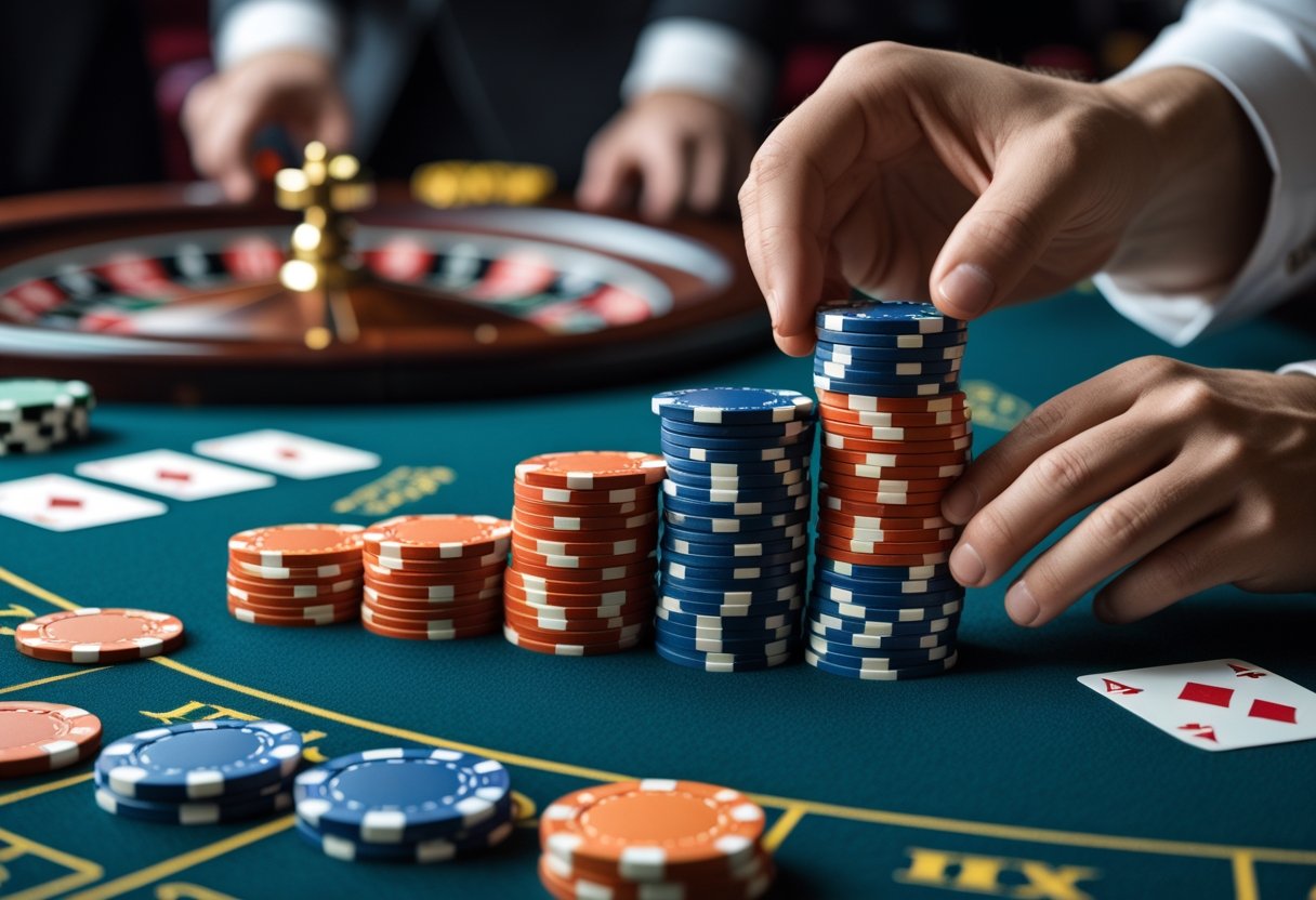 Close-up of hands placing poker chips on a casino table with roulette wheels and playing cards in the background.