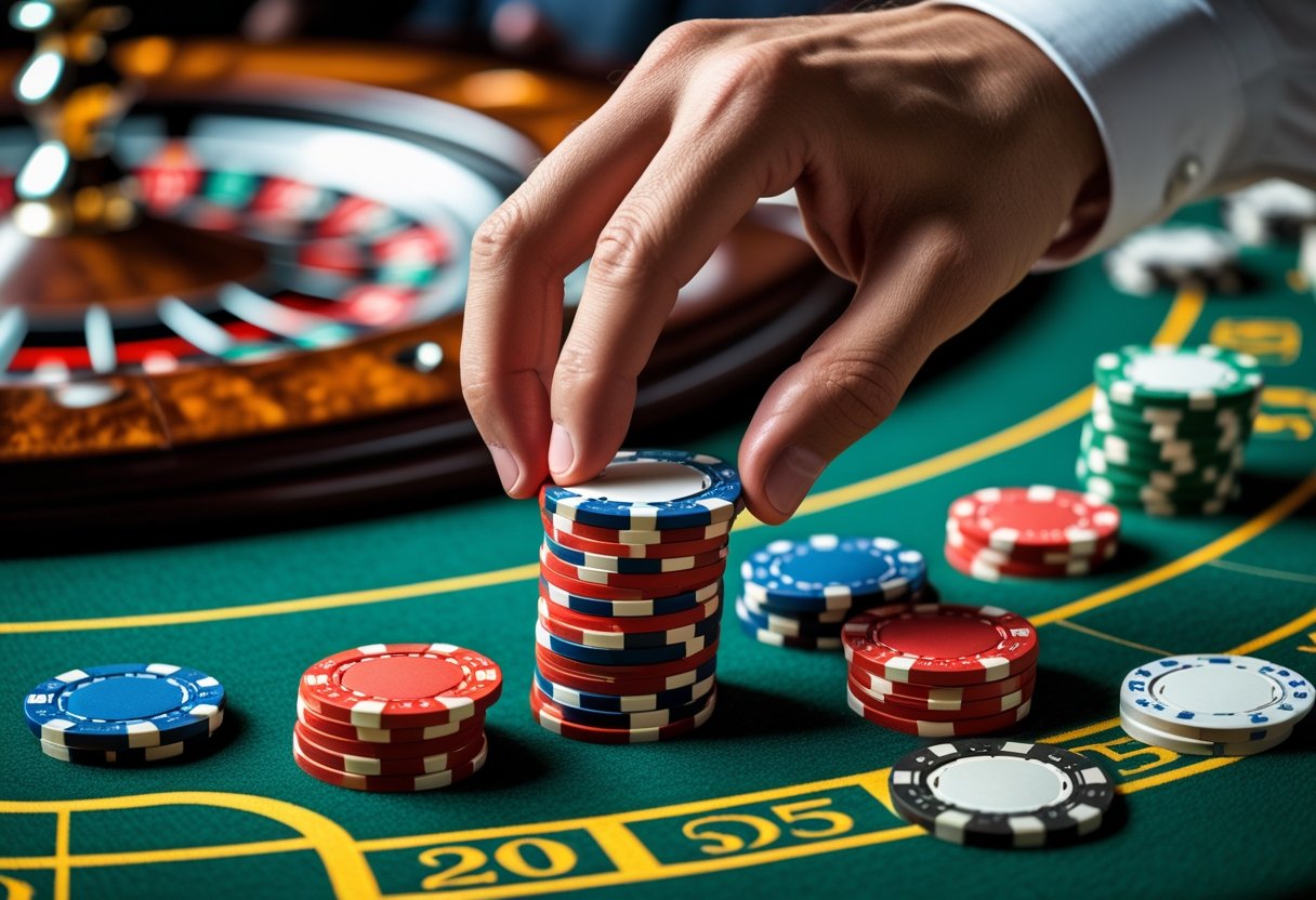 Close-up of a casino table with poker chips and a hand placing a bet near a roulette wheel.