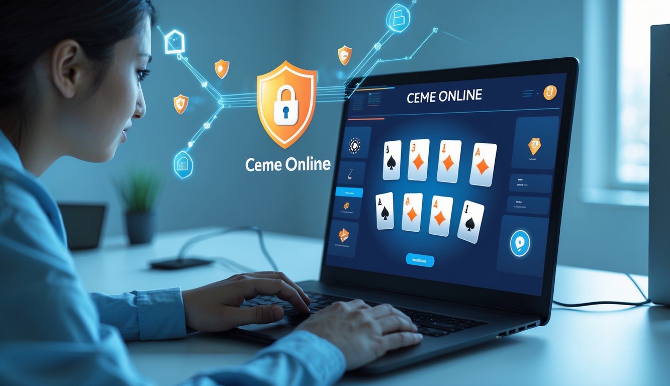 Seseorang menggunakan laptop dengan tampilan permainan kartu online di meja kerja yang rapi dan modern.