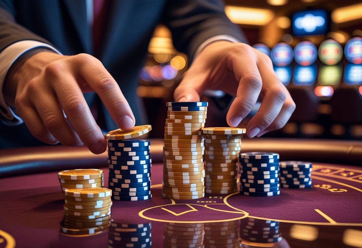 Close-up of hands placing poker chips on a casino table with increasing stacks near a roulette wheel.