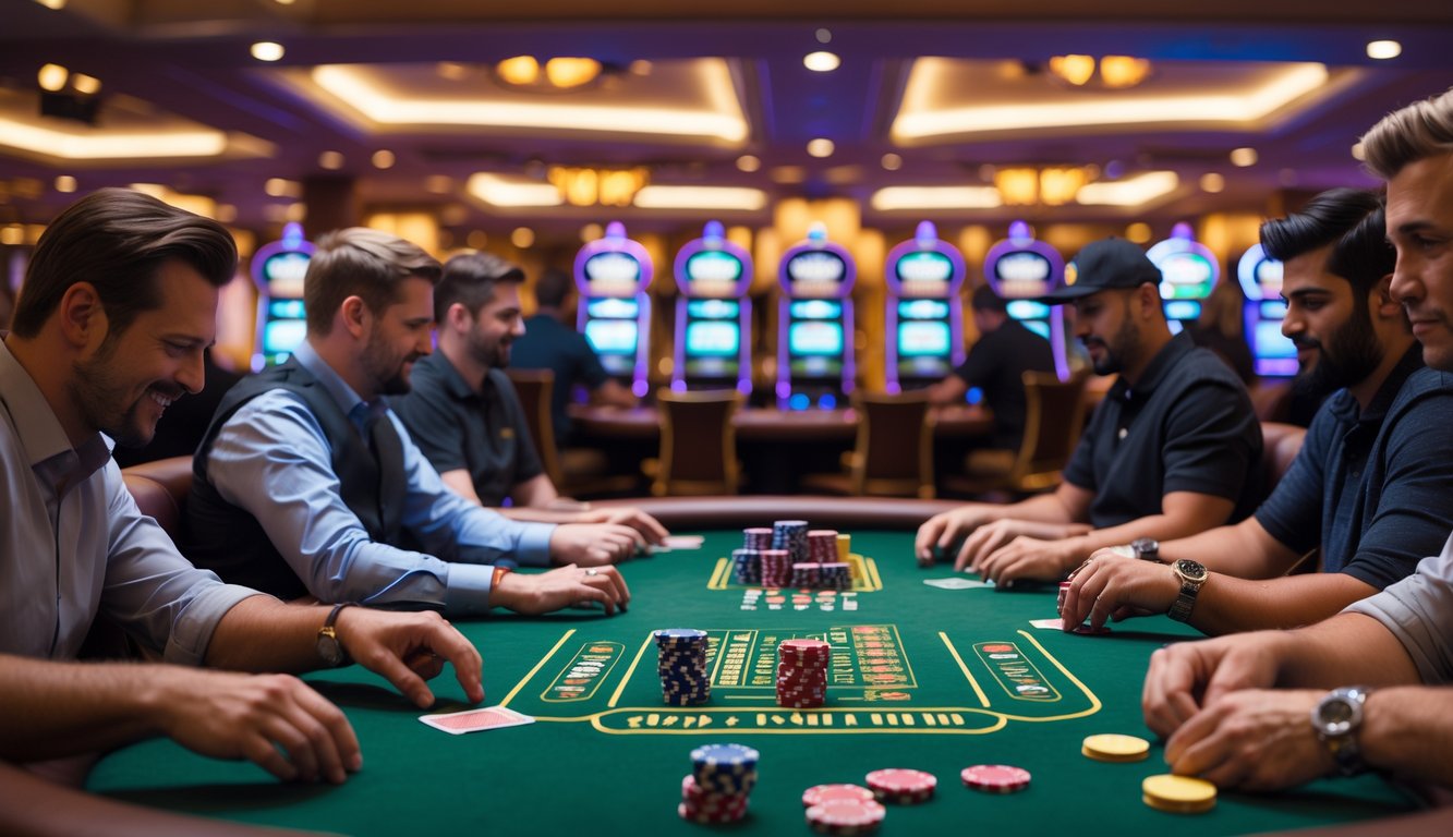 Meja poker di kasino dengan pemain yang sedang bermain kartu dan tumpukan chip di atas meja.