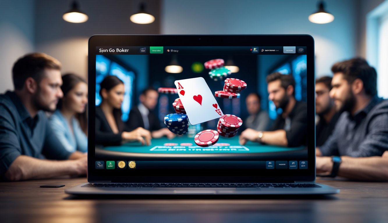 Sebuah adegan permainan poker online dengan pemain yang fokus dan layar komputer menampilkan kartu dan chip poker yang berputar.