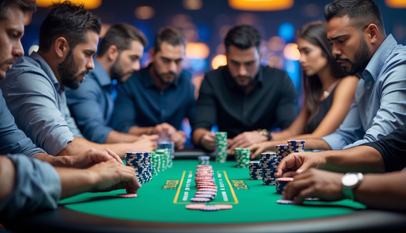 Beberapa pemain poker serius sedang bermain di meja poker dengan tumpukan chip di depan mereka.