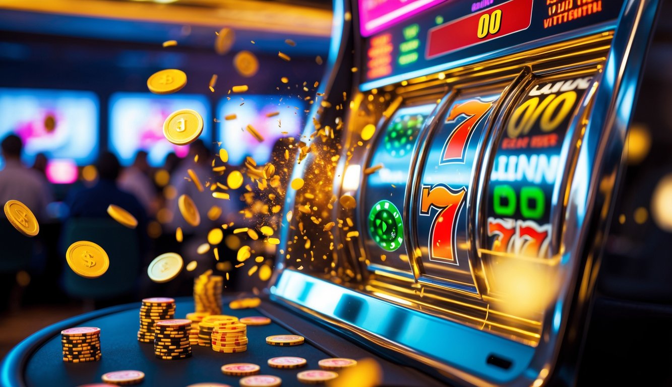 Mesin slot berputar dengan koin dan chip poker yang beterbangan di latar kasino.