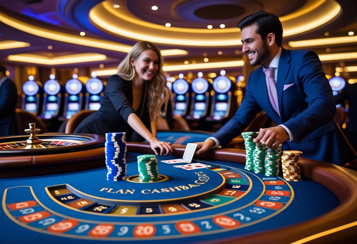 A casino gaming table with poker chips, playing cards, and a roulette wheel, surrounded by players enjoying the game.