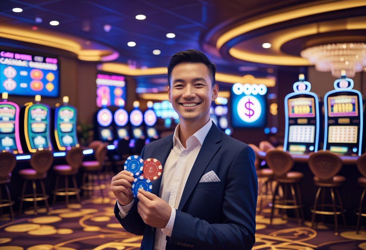 A person holding casino chips and a credit card in a lively casino with slot machines and poker tables in the background.