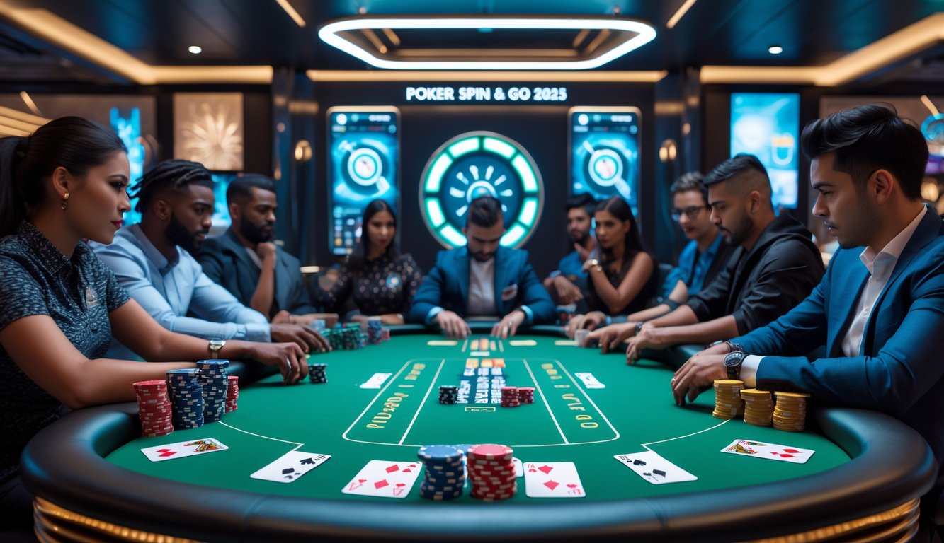 Beberapa pemain poker sedang bermain di meja poker dengan tumpukan chip dan kartu dalam suasana kasino modern.