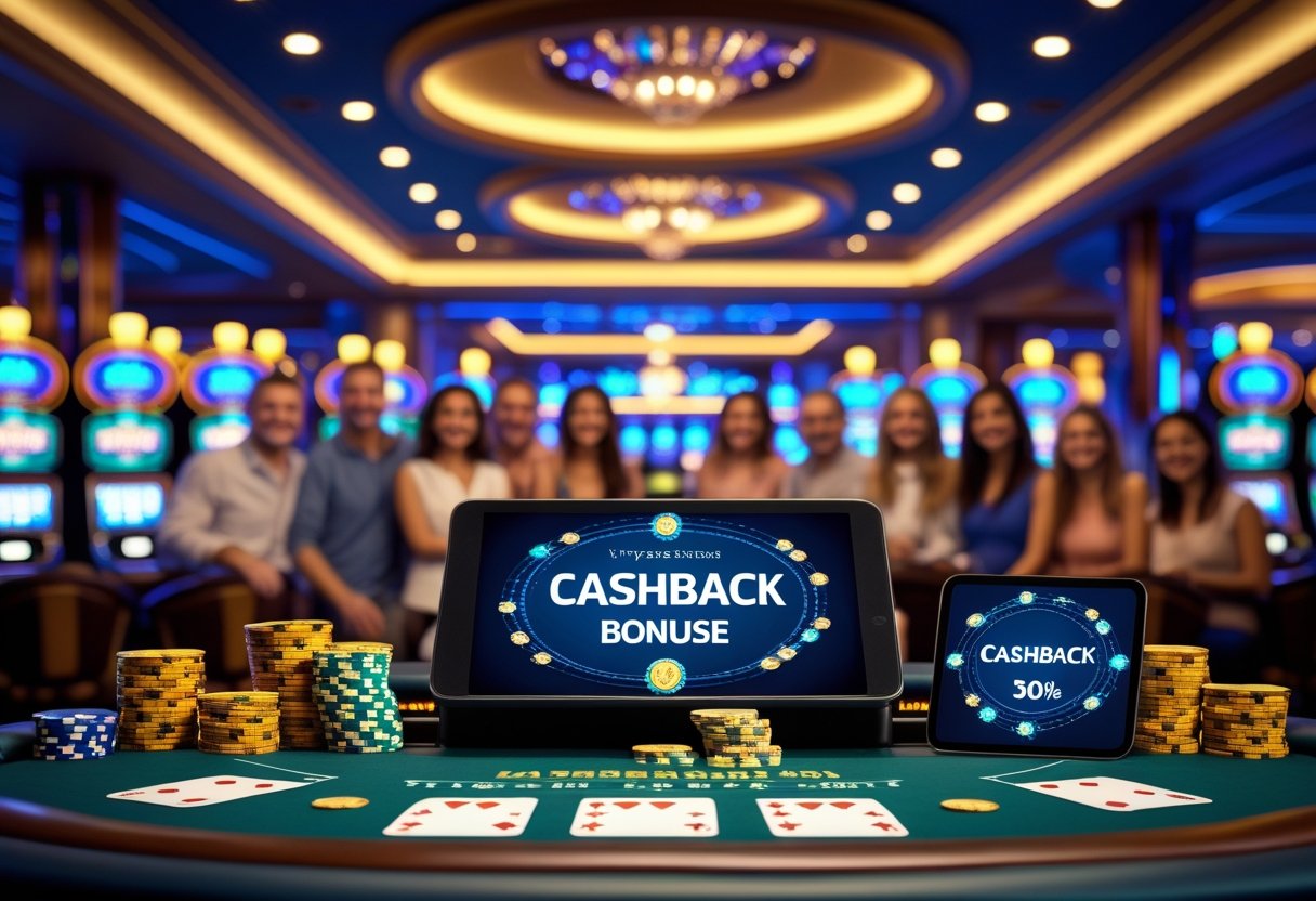 A casino scene showing a gaming table with chips, cards, and digital cashback indicators, surrounded by slot machines and people enjoying the casino atmosphere.